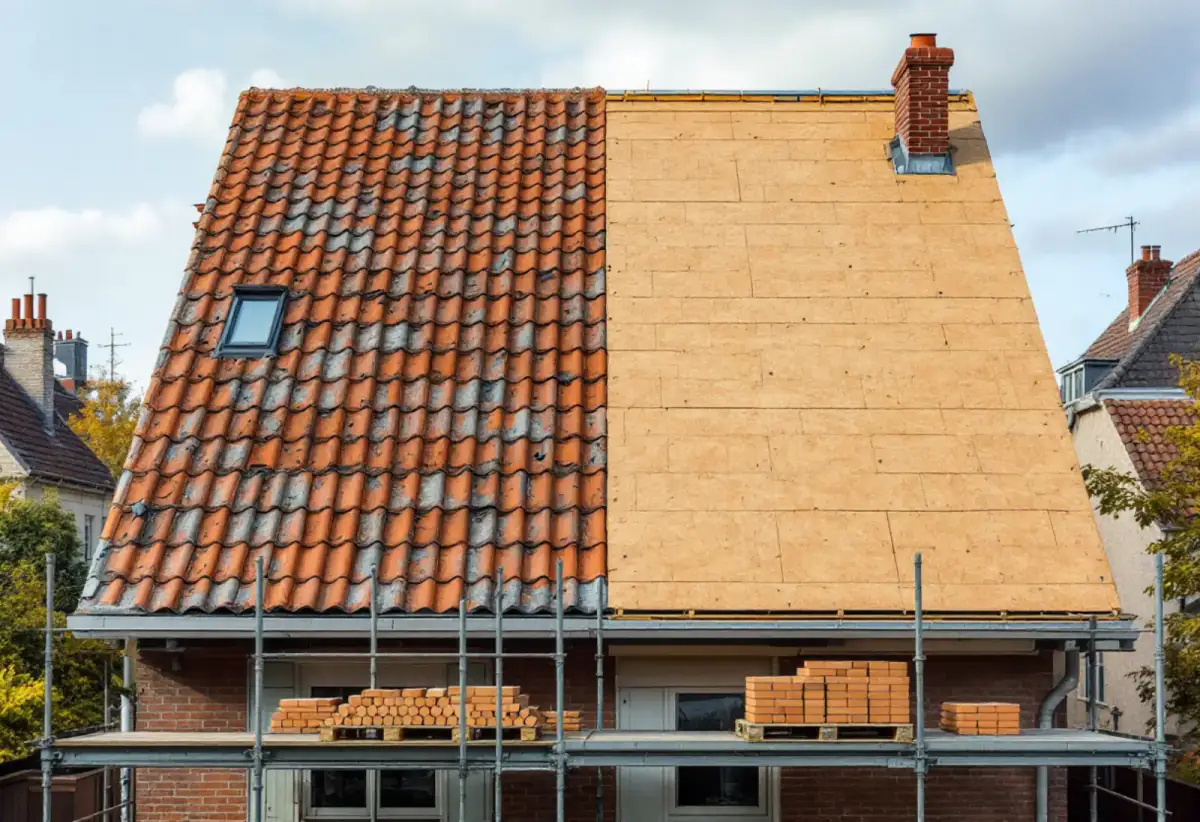 Toit en pente d'une maison en briques pendant une rénovation : moitié gauche encore couverte de vieilles tuiles rouges avec une fenêtre de toit, moitié droite recouverte de panneaux isolants beiges en fibre de bois, échafaudage et palettes de matériaux au pied du toit