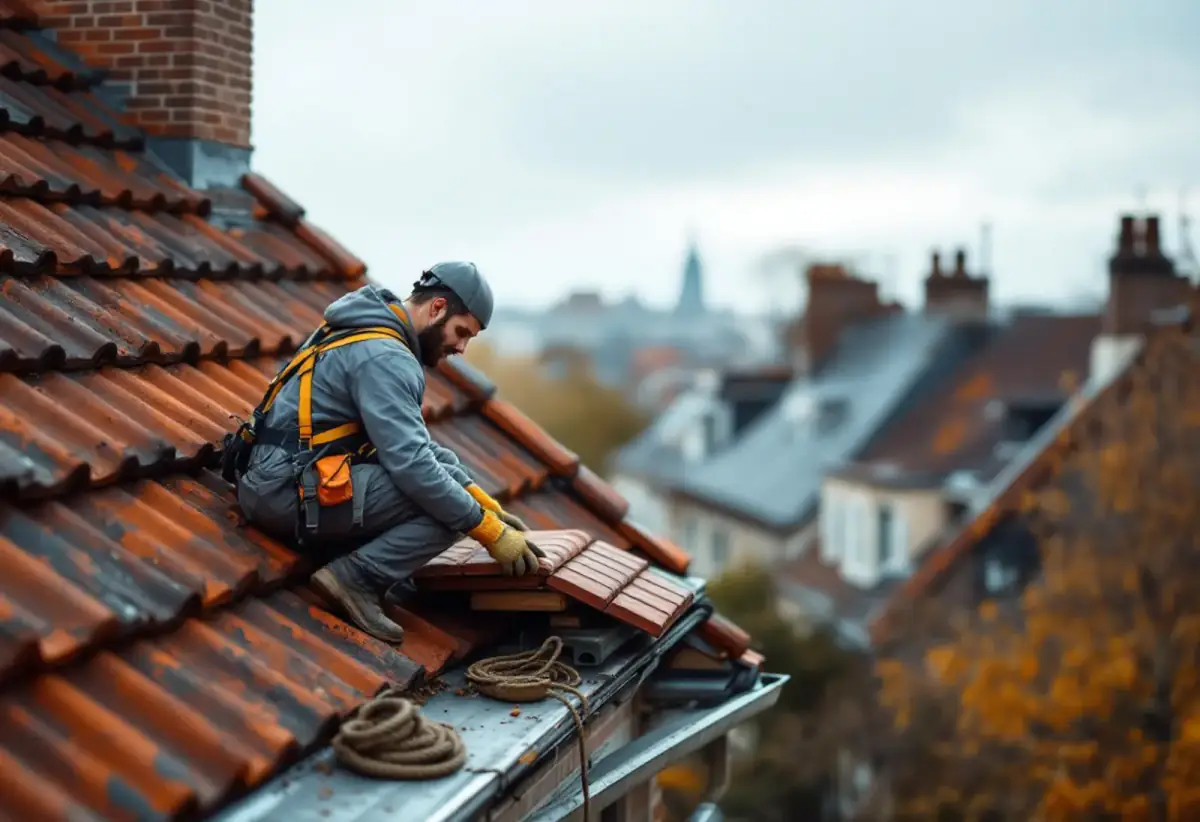 Couvreur équipé d'un harnais, agenouillé sur un toit de tuiles rouges patinées près d'une cheminée en brique, soulevant des tuiles au-dessus de la gouttière en zinc, toits de banlieue parisienne flous à l'arrière-plan