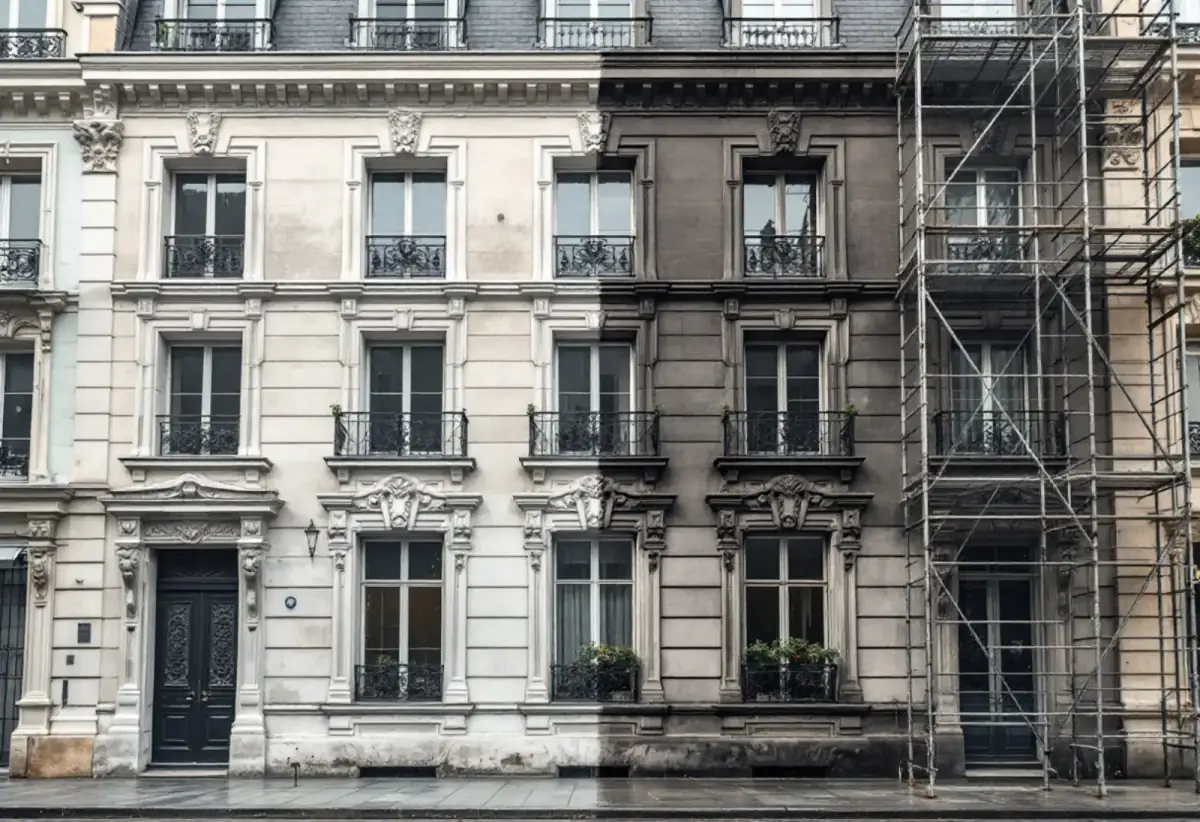 Façade d'immeuble ancien en pierre de taille à balcons en fer forgé, moitié gauche nettoyée et claire, moitié droite encore noircie, avec un échafaudage sur la droite