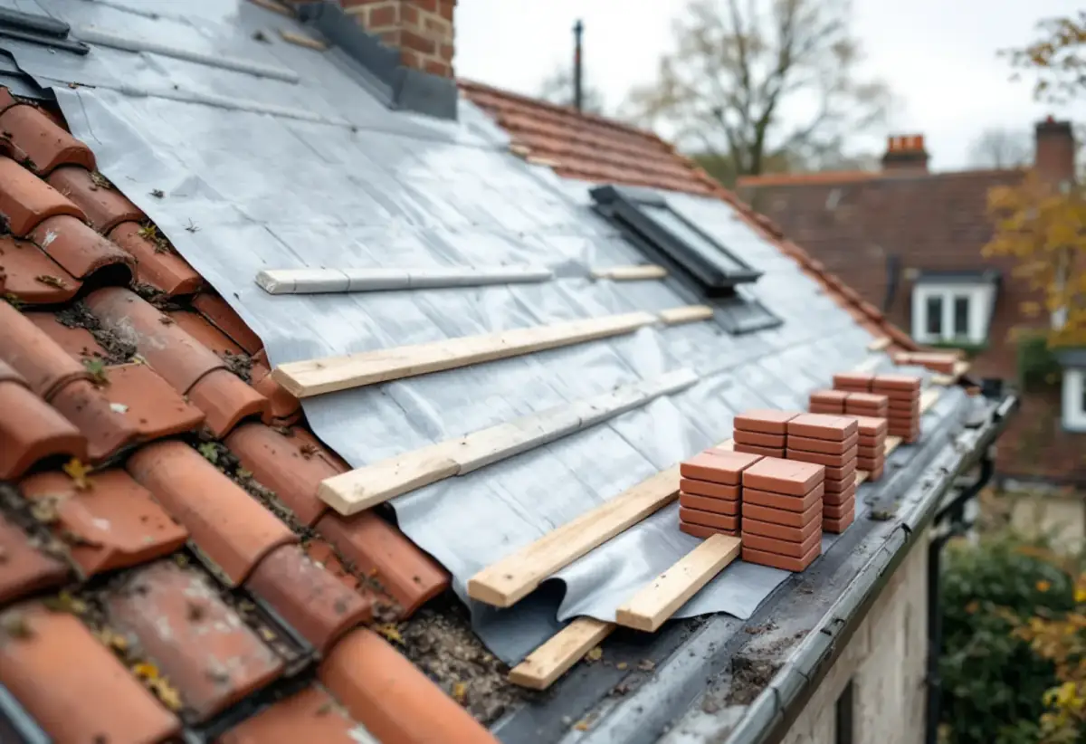 Pan de toiture en cours de réfection : membrane grise tendue sous des liteaux en bois clair, piles de tuiles neuves près de la gouttière, tuiles anciennes moussues sur le pan voisin et fenêtre de toit