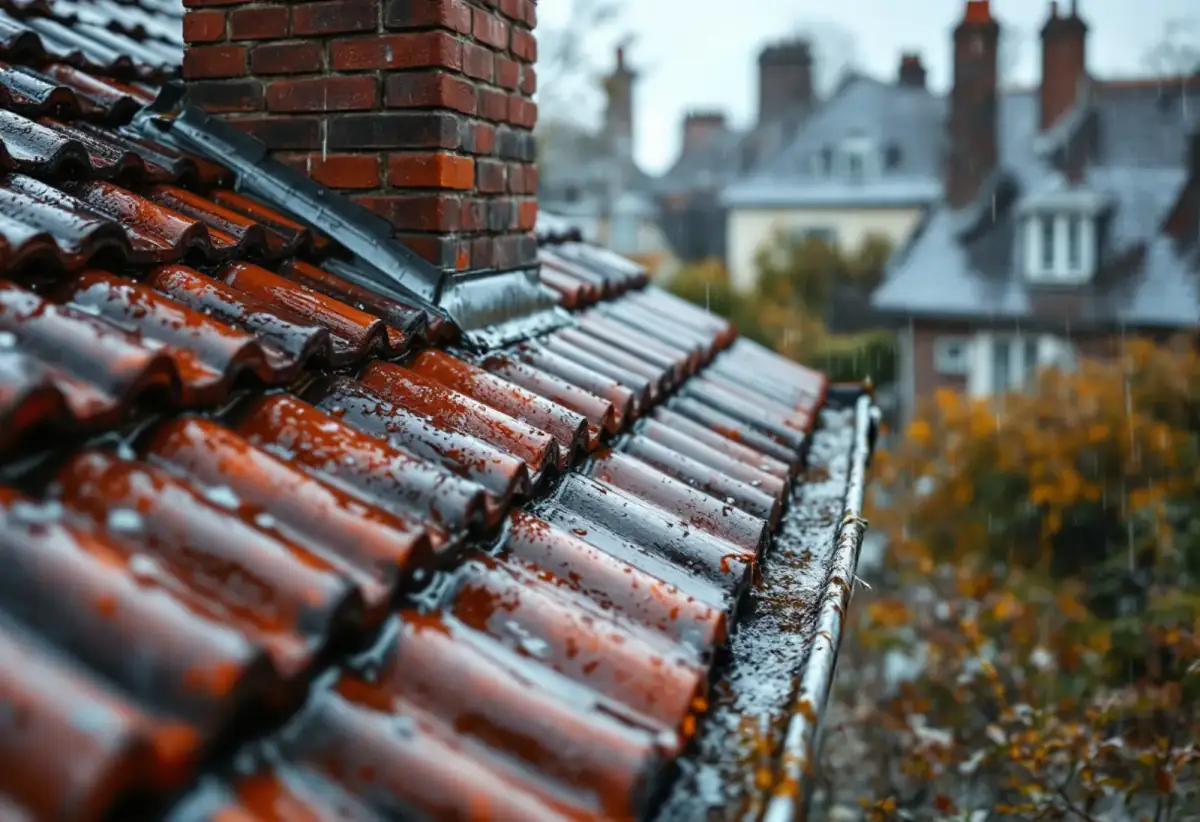 Toiture en tuiles de terre cuite ruisselante sous une forte pluie, souche de cheminée en brique avec son solin en zinc, gouttière chargée de débris au bord du toit, maisons voisines floues à l'arrière-plan
