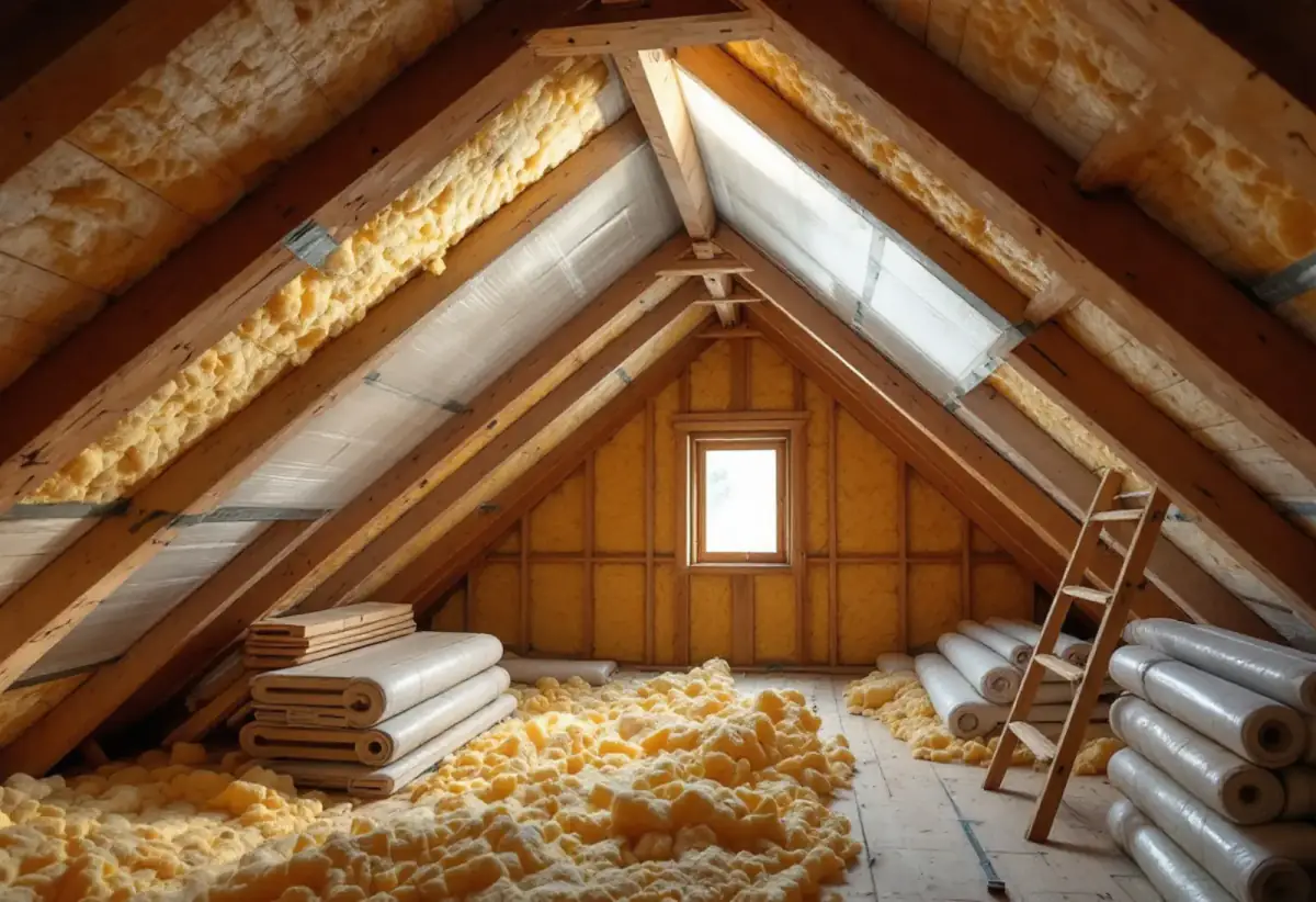 Combles sous rampants en cours d'isolation par l'intérieur : isolant jaune entre les chevrons, membrane translucide posée sur une partie de la pente, rouleaux d'isolant et échelle sur le plancher