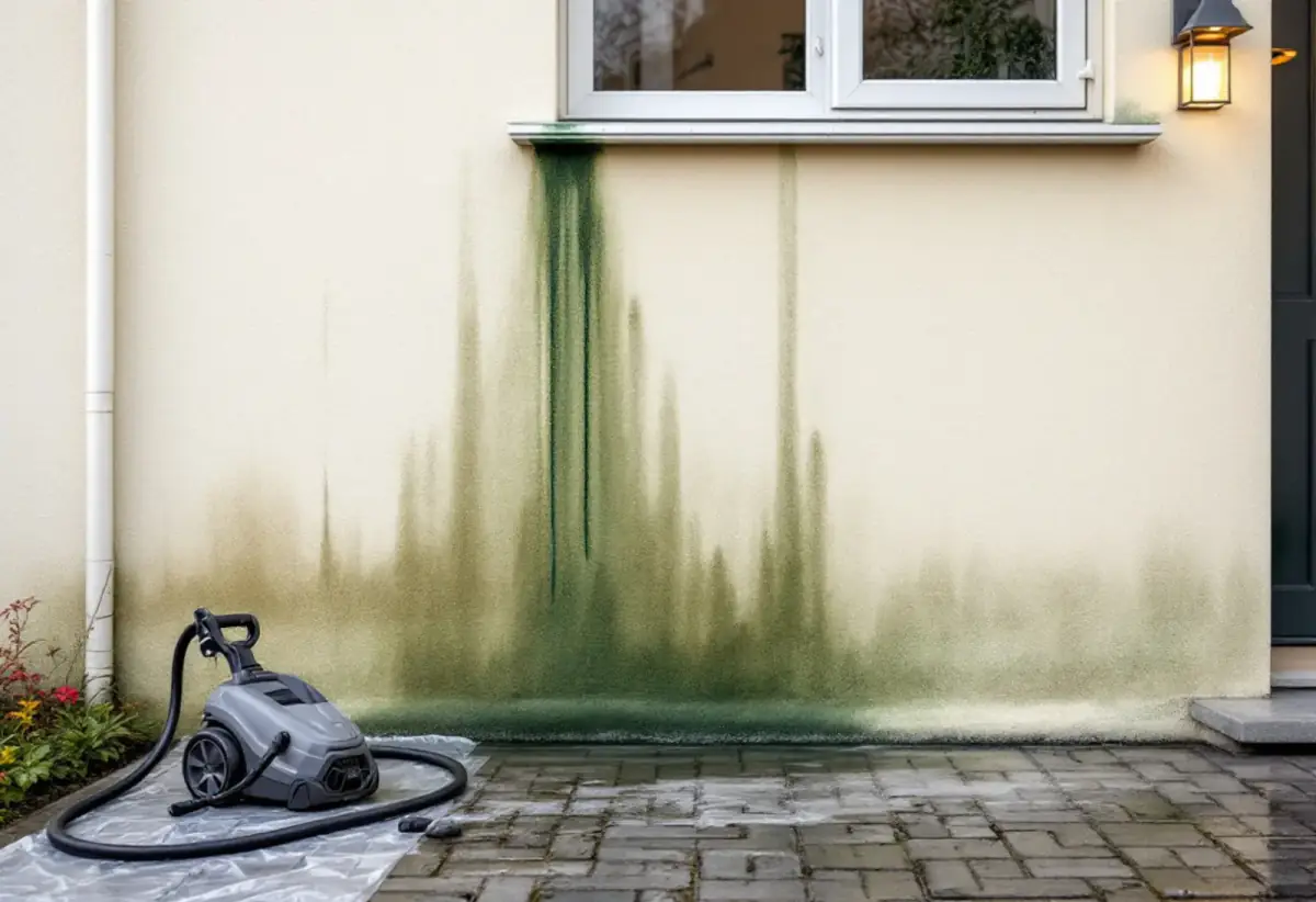 Mur enduit crème d'une maison marqué de coulures vertes sous l'appui d'une fenêtre, avec un nettoyeur haute pression gris posé sur une bâche au pied du mur