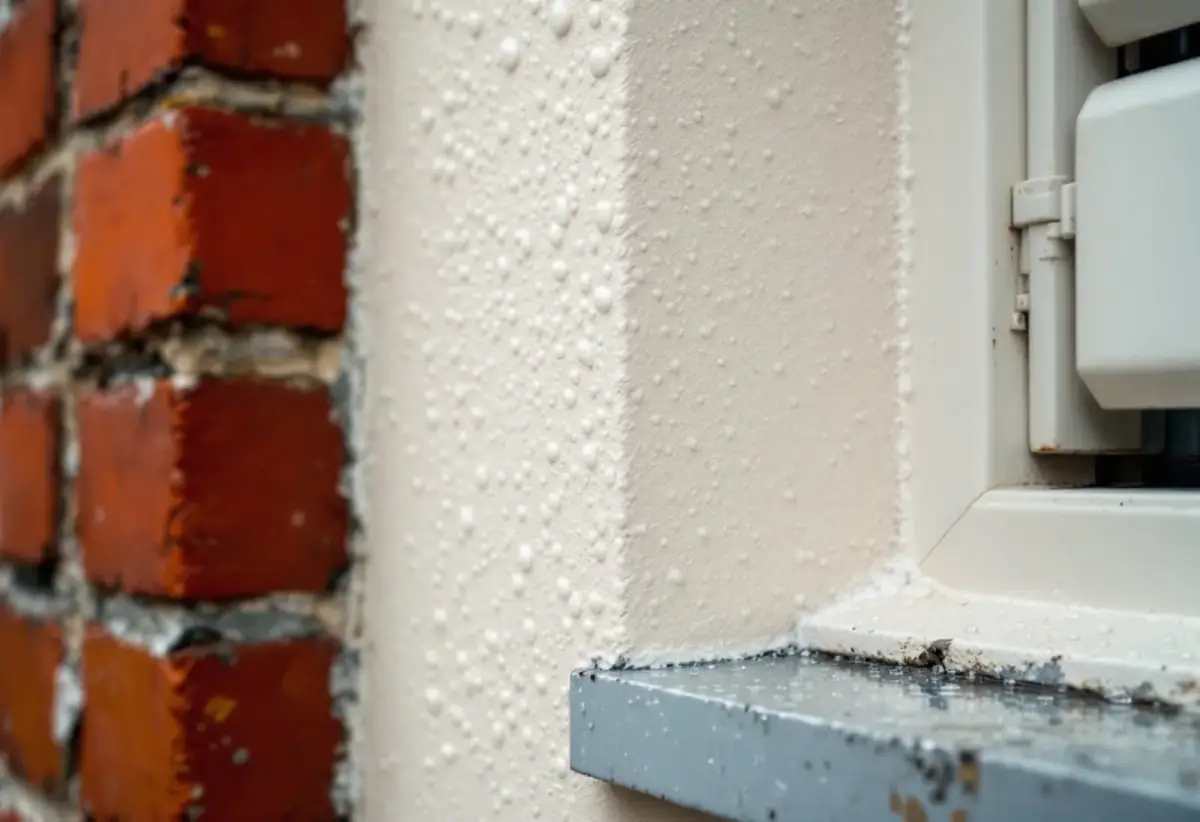 Gouttes de pluie perlant sur un enduit clair hydrofugé, à côté d'un parement de brique rouge et d'un appui de fenêtre en zinc
