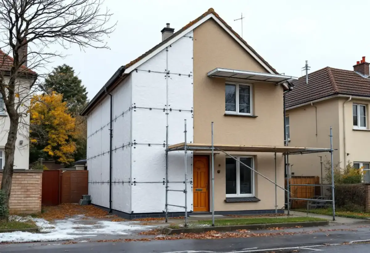 Maison individuelle dont un pignon est recouvert de panneaux isolants blancs chevillés, l'autre façade encore enduite, avec un échafaudage devant l'entrée