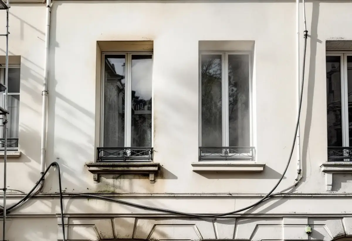Façade enduite claire d'un immeuble ancien avec des traînées grises sous l'appui d'une fenêtre, un tuyau de lavage et un montant d'échafaudage au premier plan