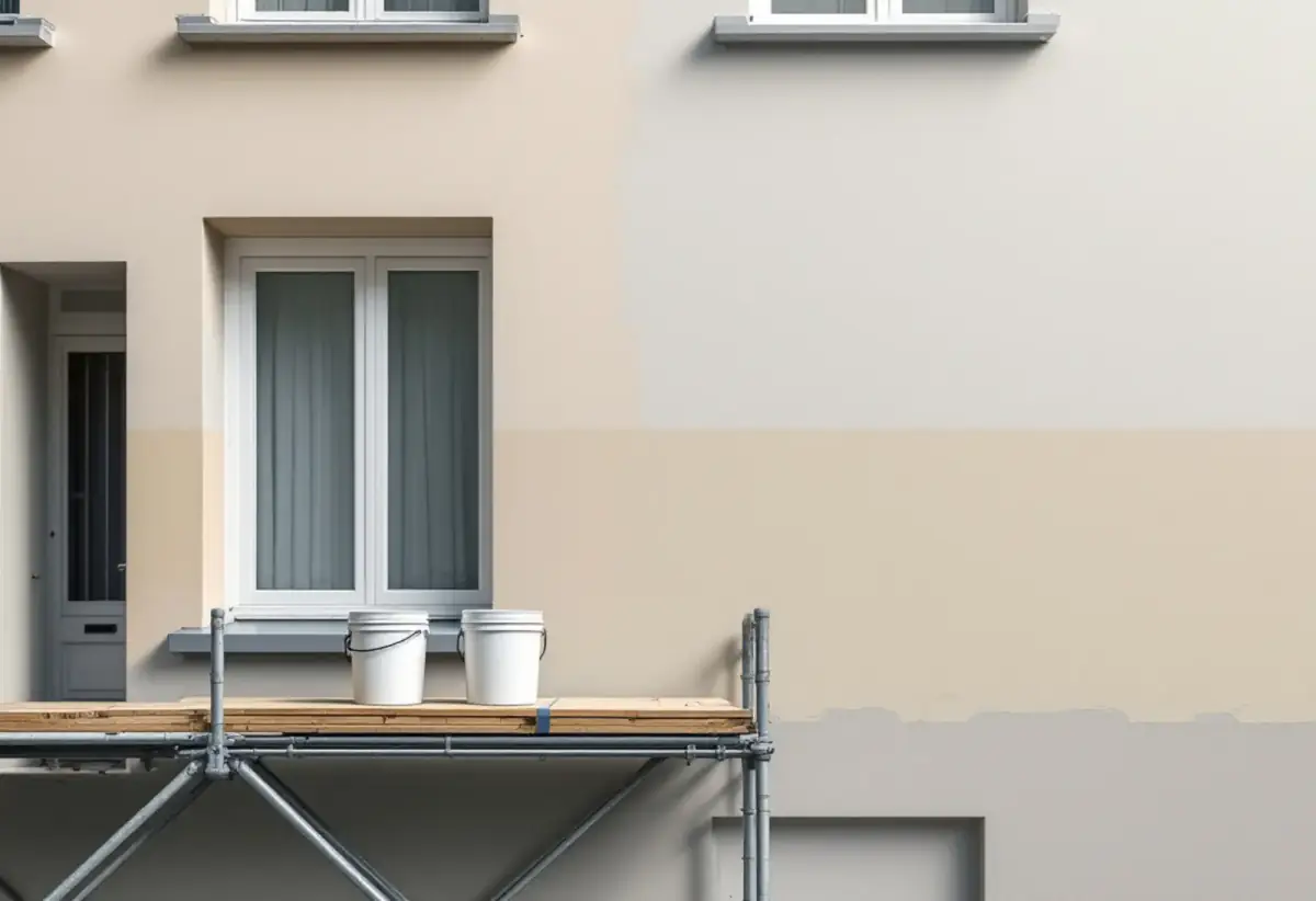 Façade enduite d'une maison de ville en cours de remise en peinture : zones beiges fraîchement peintes à côté de parties encore grises, échafaudage et deux seaux de peinture blancs sur un plateau