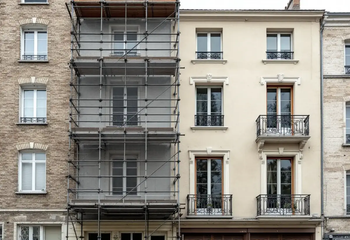 Rue d'immeubles anciens en brique et en enduit clair : une façade sous échafaudage, sa voisine enduite en beige avec balcons en fer forgé