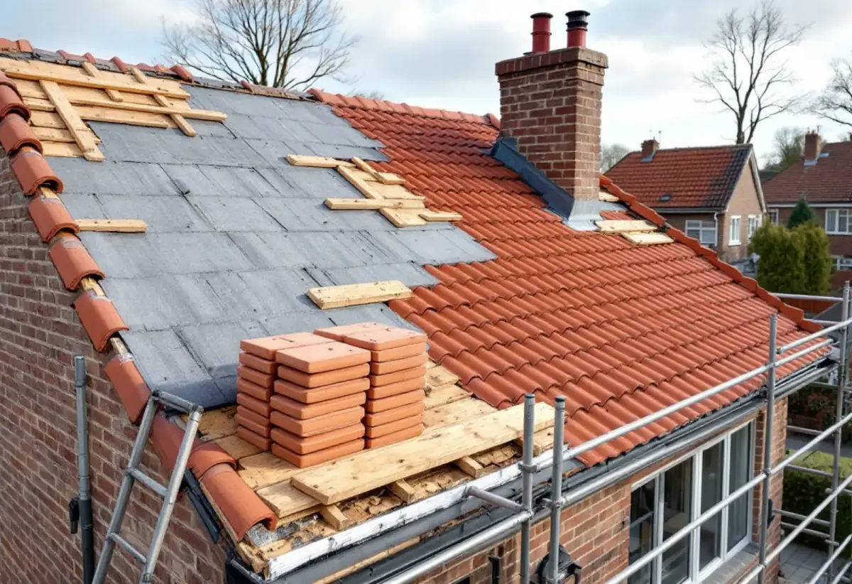 Toit de maison en brique en cours de réfection : un pan recouvert de tuiles rouges neuves, l'autre encore sur écran sous toiture avec liteaux et tuiles empilées, échafaudage le long de la gouttière