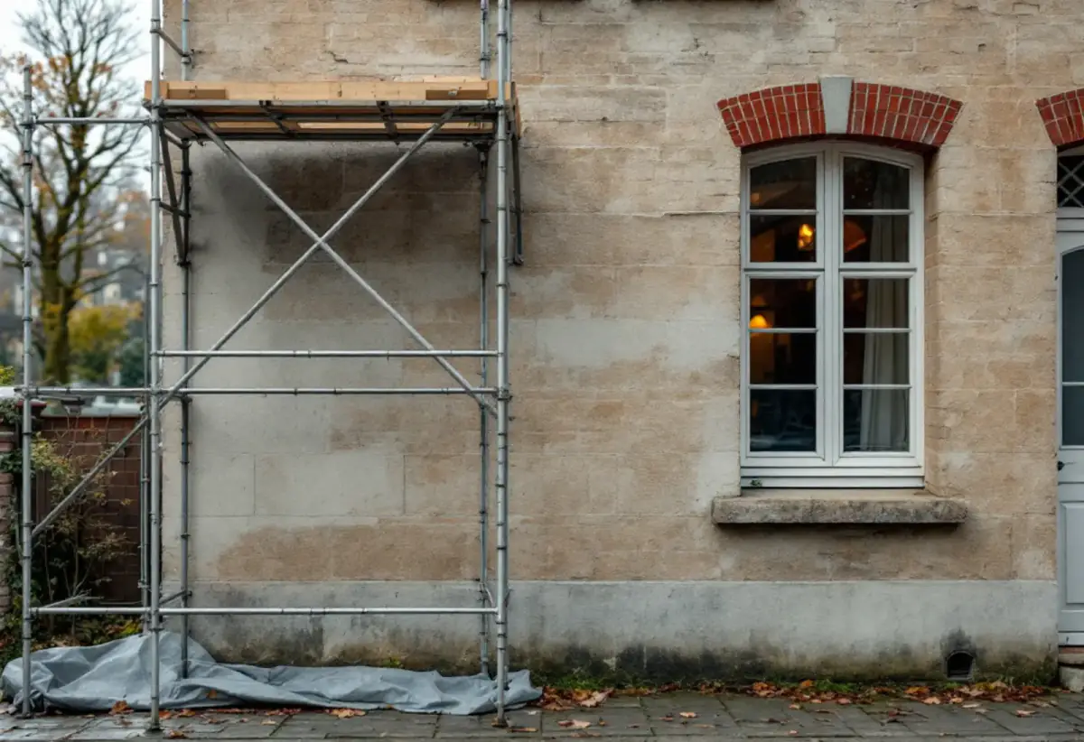 Façade en pierre claire d'une maison ancienne, un échafaudage tubulaire contre le mur, une bâche grise au pied et une fenêtre blanche sous un arc de briques rouges