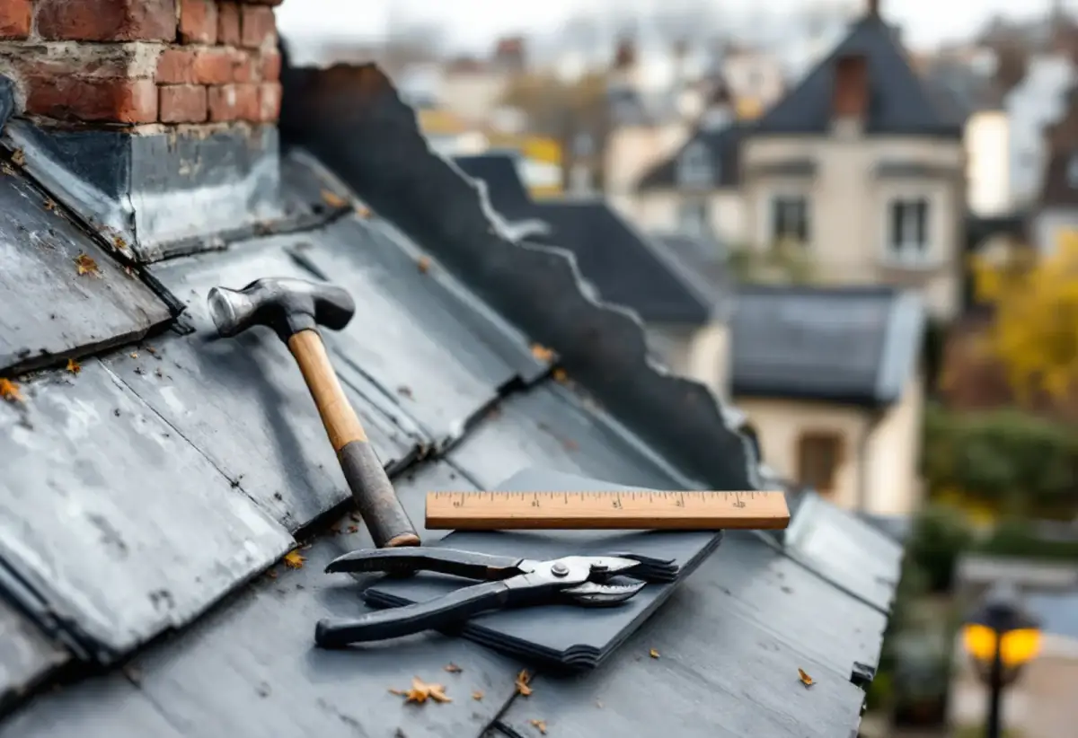 Marteau de couvreur, pince et règle en bois posés sur des ardoises près d'une souche de cheminée en brique, toits d'une banlieue résidentielle en arrière-plan