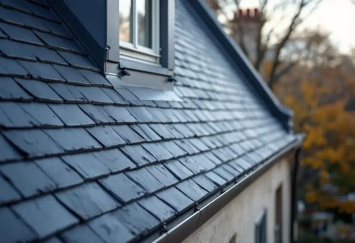 Pan de toit couvert d'ardoises gris-bleu posées en rangs qui se recouvrent, avec une lucarne habillée de zinc, une gouttière au bas de la pente et des arbres d'automne en arrière-plan