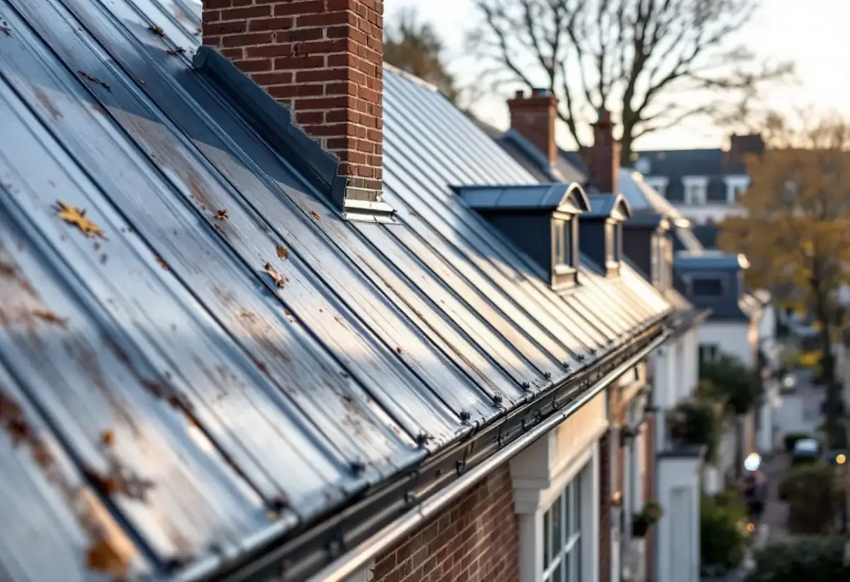 Versant de toit couvert de longues feuilles de zinc gris assemblées par des joints debout parallèles, avec une cheminée en brique, des lucarnes et une gouttière en zinc au bas du versant, dans une rue bordée d'arbres