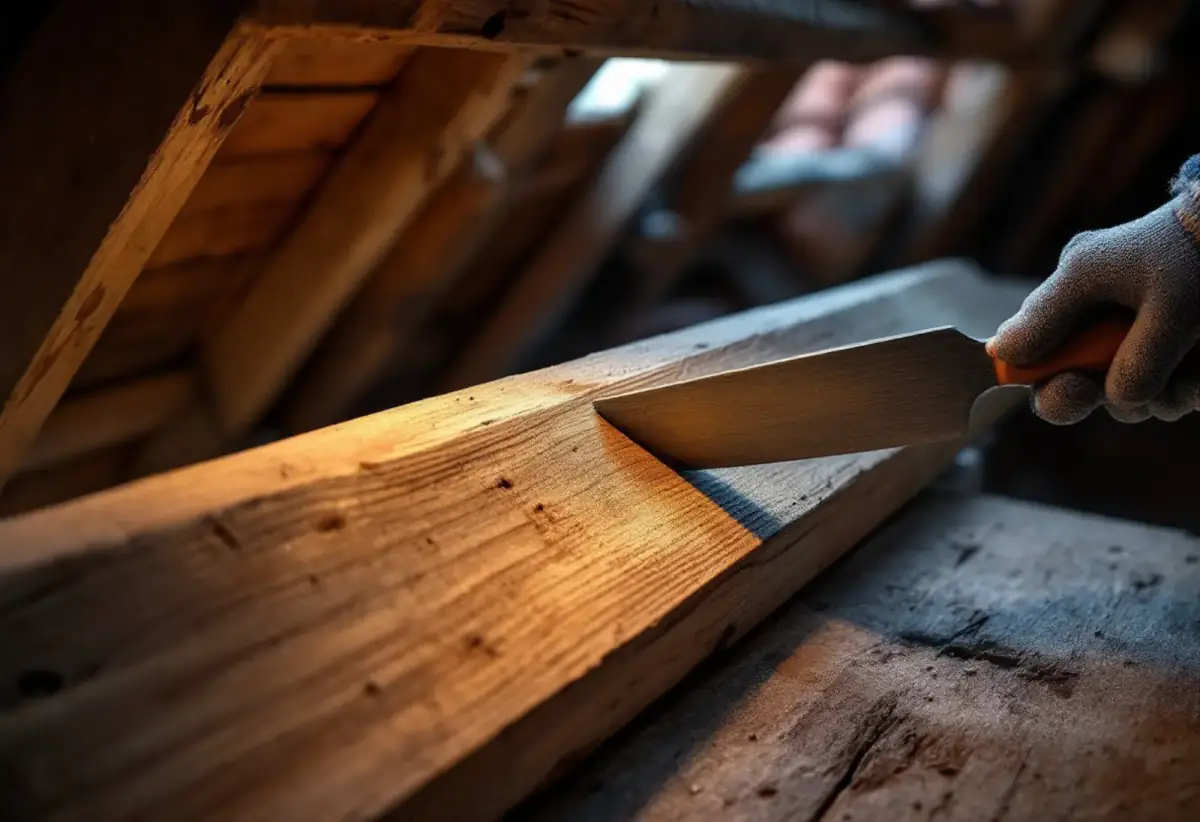 Main gantée sondant au ciseau une pièce de charpente en bois dans des combles, éclairée par une lampe de chantier — image d'illustration