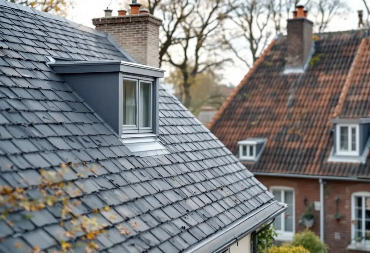 Toit couvert d'ardoises grises avec une lucarne habillée de zinc au premier plan, et derrière, une maison en brique dont le toit est couvert de tuiles en terre cuite rouge-brun